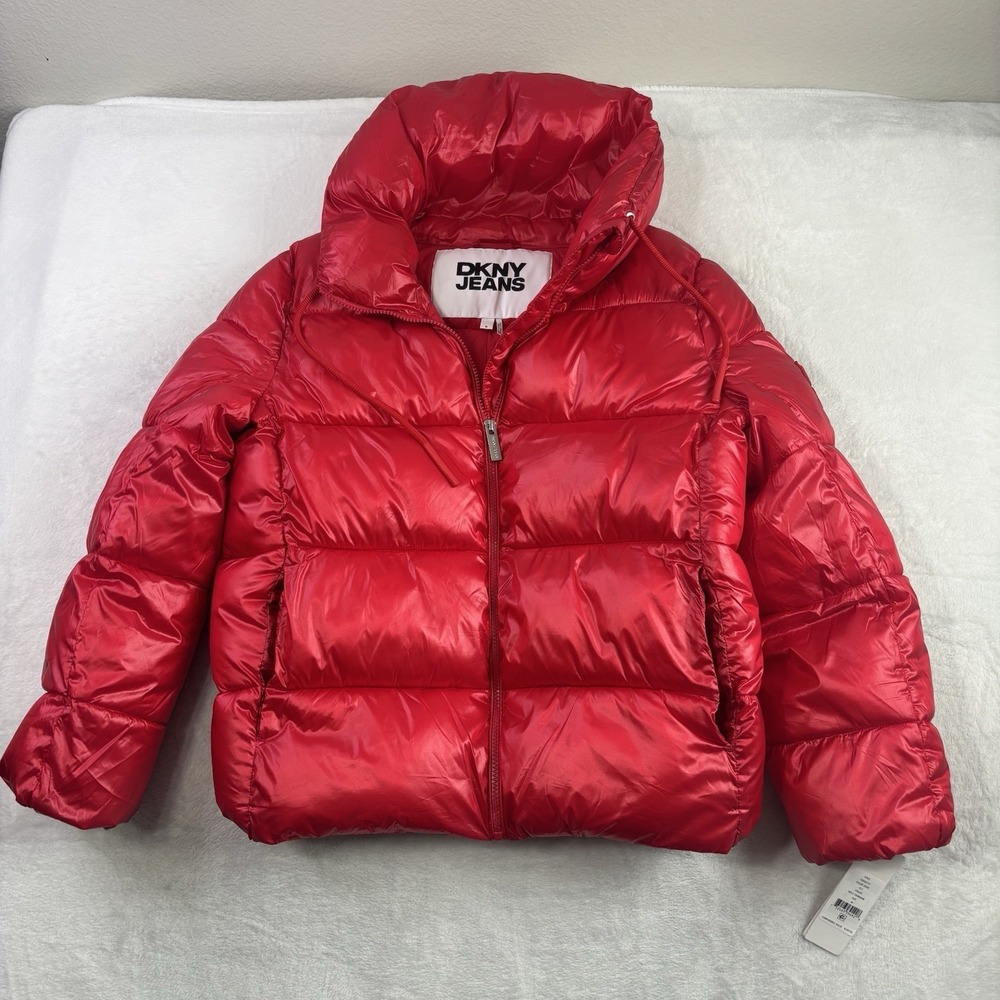 DKNY Jeans Hooded Puffer Jacket Red Long Sleeve Full Zip Women's Medium